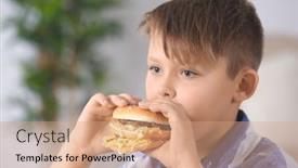  Presentation with burger - Presentation theme having overweight boy eating burger at home background and a coral colored foreground