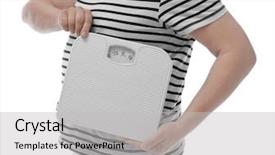  Presentation with diet - Theme enhanced with overweight man holding scales on white background diet concept background and a light gray colored foreground