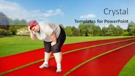  Presentation with tired runner - Cool new PPT theme with overweight-tired-female-runner backdrop and a light blue colored foreground