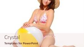  Presentation with beach ball - Amazing presentation theme having overweight woman dressed in bikini and straw hat exercising with ball and preparing for summer holidays on the beach backdrop and a lemonade colored foreground