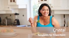  Presentation with healthy eating - Audience pleasing slides consisting of overweight woman eating healthy meal backdrop and a coral colored foreground