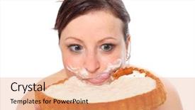  Presentation with food truck cake ice cream - Cool new PPT theme with overweight woman eating sweet cake with whipped cream backdrop and a coral colored foreground