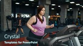  Presentation with treadmill - PPT theme enhanced with overweight-woman-exercise-on-treadmill background and a tawny brown colored foreground