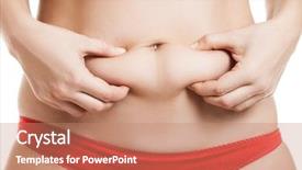  Presentation with body fat - Presentation with overweight woman hand holding or pinching fat body belly paunch background and a coral colored foreground