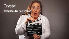 Presentation with clapper - PPT theme featuring overweight-woman-holding-a-movie background and a tawny brown colored foreground