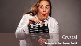 Presentation with clapper - Presentation design consisting of overweight-woman-holding-a-movie background and a violet colored foreground