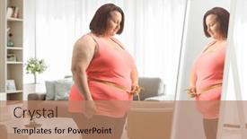  Presentation with business woman standing on maze - Slides having overweight-woman-measuring-her-waist background and a coral colored foreground