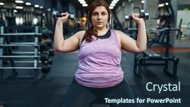  Presentation with gym - Slide set with overweight-woman-poses-with-dumbbells background and a navy blue colored foreground