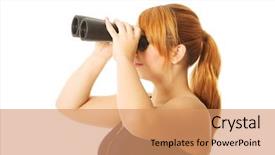  Presentation with seeking - Slide deck featuring overweight woman seeking with binocular background and a coral colored foreground