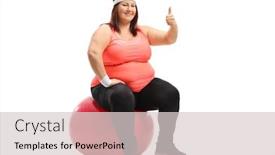  Presentation with pilates - Colorful slide deck enhanced with overweight woman sitting on a pilates ball and making a thumb up sign isolated on white background backdrop and a light gray colored foreground
