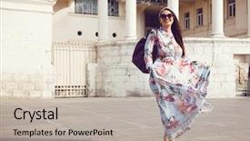  Presentation with maxi - Beautiful PPT theme featuring overweight woman walking around town backdrop and a mint green colored foreground