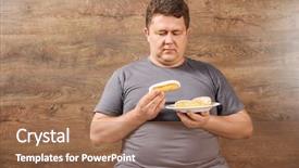  Presentation with sweets - Amazing PPT theme having overweight young man eating sweets backdrop and a coral colored foreground