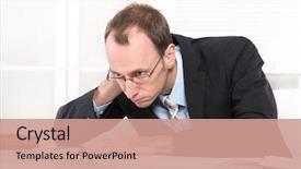  Presentation with burnout - PPT theme having overworked business man with burnout background and a coral colored foreground