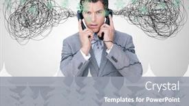  Presentation with overworked - Amazing theme having overworked businessman holding two telephones against green snowflake design backdrop and a gray colored foreground