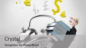  Presentation with overworked - Beautiful PPT theme featuring overworked businesswoman carrying many folder backdrop and a  colored foreground