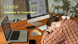  Presentation with overworked - Amazing presentation design having overworked-designer-sleeping-at-workplace backdrop and a tawny brown colored foreground