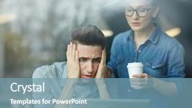  Presentation with overworked - Cool new presentation theme with overworked man looking at data on display of laptop backdrop and a seafoam green colored foreground