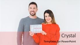  Presentation with young happy couple - Presentation theme enhanced with dental month - young couple holding ovulation calendar background and a red colored foreground