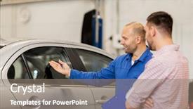  Presentation with mechanic shop - Cool new presentation design with owner at car shop backdrop and a gray colored foreground