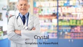  Presentation with pharmacy - PPT theme with owner of business in his background and a light blue colored foreground