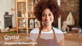  Presentation with portrait of excited overjoyed female - PPT theme consisting of owner of sustainable plastic free background and a coral colored foreground