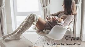  Presentation with winter scene - Amazing slide set having owner playing with cat one winter weekend girl dressed in knit woolen sweater relaxing with her pet on a rocking chair in scandinavian home cosy scene hygge concept backdrop and a light gray colored foreground