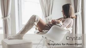  Presentation with winter scene - Beautiful PPT theme featuring owner playing with cat one winter weekend girl dressed in knit woolen sweater relaxing with her pet on a rocking chair in scandinavian home cosy scene hygge concept backdrop and a light gray colored foreground