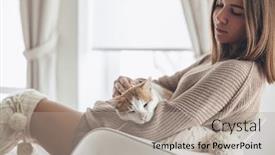  Presentation with winter scene - Slide set with owner playing with cat one winter weekend girl dressed in knit woolen sweater relaxing with her pet on a armchair in scandinavian home cosy scene hygge concept background and a light gray colored foreground
