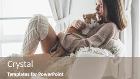  Presentation with winter scene - Presentation theme consisting of owner playing with cat one winter weekend girl dressed in knit woolen sweater relaxing with her pet on a armchair in scandinavian home cosy scene hygge concept background and a coral colored foreground
