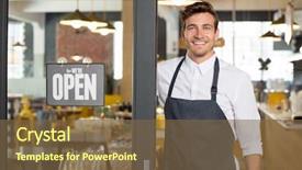  Presentation with entrepreneur - Presentation theme having owner standing at his restaurant background and a tawny brown colored foreground