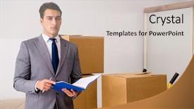  Presentation with boxes - Beautiful PPT layouts featuring owners rep - man signing for the delivery backdrop and a  colored foreground