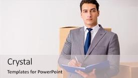  Presentation with boxes - Audience pleasing theme consisting of owners rep - man signing for the delivery backdrop and a  colored foreground