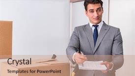  Presentation with boxes - PPT layouts enhanced with owners rep - man signing for the delivery background and a  colored foreground