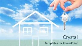  Presentation with house key - Cool new theme with ownership - family house with key real backdrop and a sky blue colored foreground