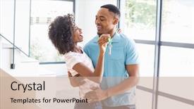  Presentation with work happy hour - Slides having ownership - happy couple embracing and showing background and a coral colored foreground