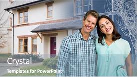  Presentation with white house - PPT layouts having ownership - portrait of happy couple standing background and a light blue colored foreground