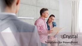  Presentation with antique document - Slide set consisting of ownership - saleswoman looking at couple standing background and a light gray colored foreground