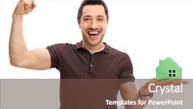  Presentation with kidney transplant holding a model - Audience pleasing PPT layouts consisting of owning renting - cheerful guy holding a model backdrop and a  colored foreground