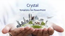  Presentation with green life - Audience pleasing slide set consisting of gods protection - male hands holding green life backdrop and a sky blue colored foreground