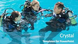  Presentation with swimming - Presentation theme enhanced with oxygen cylinders - smiling friends on scuba training background and a teal colored foreground