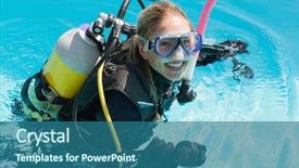 Presentation with swimming pool - Presentation featuring oxygen cylinders - smiling woman on scuba training background and a ocean colored foreground