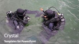  Presentation with water river - Amazing PPT theme having oxygen cylinders - two men with modern equipment backdrop and a gray colored foreground