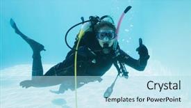  Presentation with water woman swimming underwater - Audience pleasing slides consisting of oxygen cylinders - woman on scuba training submerged backdrop and a light blue colored foreground