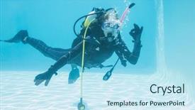  Presentation with swimming pool - Presentation design having oxygen cylinders - woman on scuba training submerged background and a sky blue colored foreground