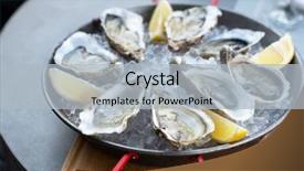  Presentation with table setting - Presentation having fresh oysters with lemon's background and a light gray colored foreground