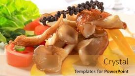  Presentation with oyster - Beautiful PPT theme featuring oyster mushroom salad backdrop and a gold colored foreground