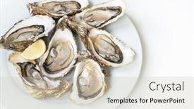  Presentation with white plate - Amazing PPT theme having oysters-raw-fresh-oysters backdrop and a soft green colored foreground