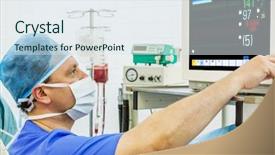  Presentation with operation room - PPT theme featuring pacemakers - experienced male anaesthesiologist at monitor background and a sky blue colored foreground