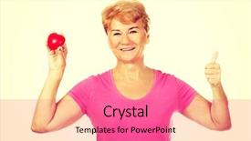  Presentation with old - Beautiful presentation featuring pacemakers - old smiling woman holding red backdrop and a coral colored foreground