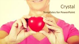  Presentation with toy - PPT theme consisting of pacemakers - old smiling woman holding red background and a cream colored foreground